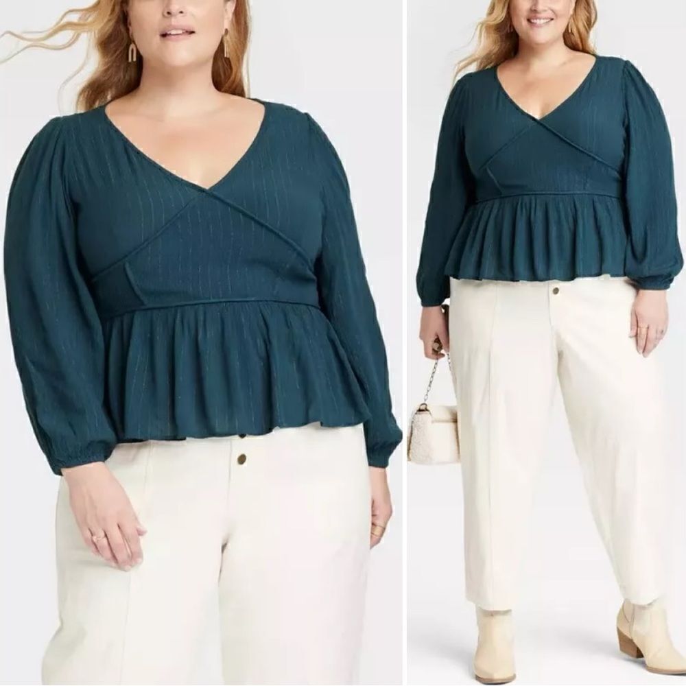Knox Rose Teal Blue Long Sleeves Embroidered Blouse Top, Size XL